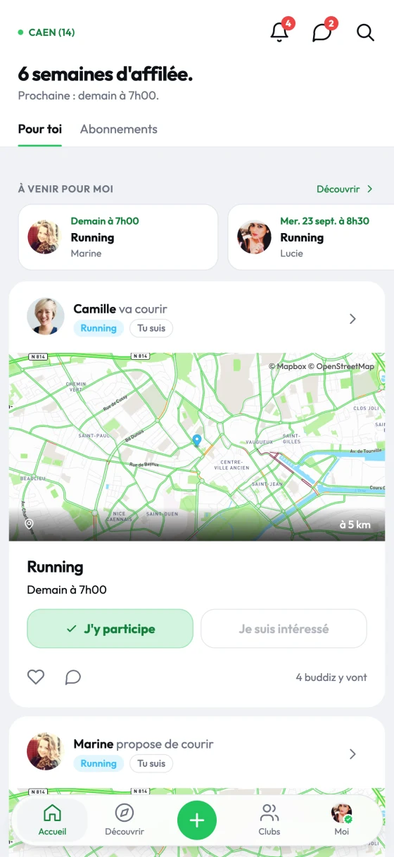 L'accueil de l'app Buddiz : les prochaines sessions des gens que tu suis